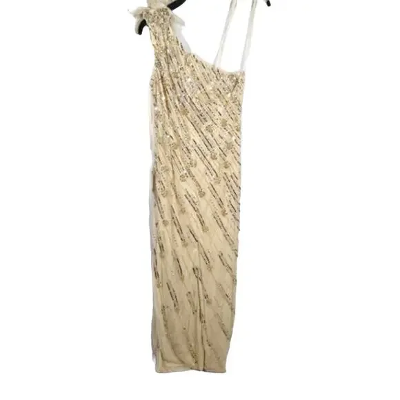 MAC DUGGALGold Embellished Floral Detail One Shoulder Gown Size 8 NWT